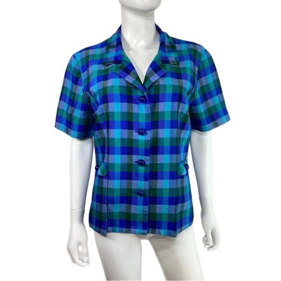 Sag Harbor Blue & Green Plaid Button Down Short Sleeve Blazer - Picture 1 of 8
